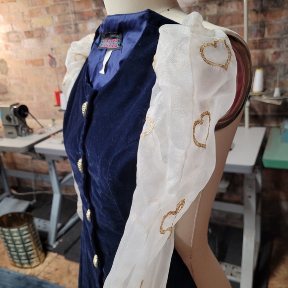 Vintage 80's Girls blue velvet dress sheer heart sleeves size 7 - Picture 4 of 10